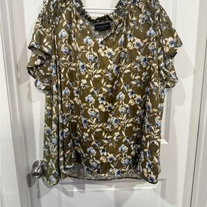 Lane Bryant Olive and Blue Floral Blouse